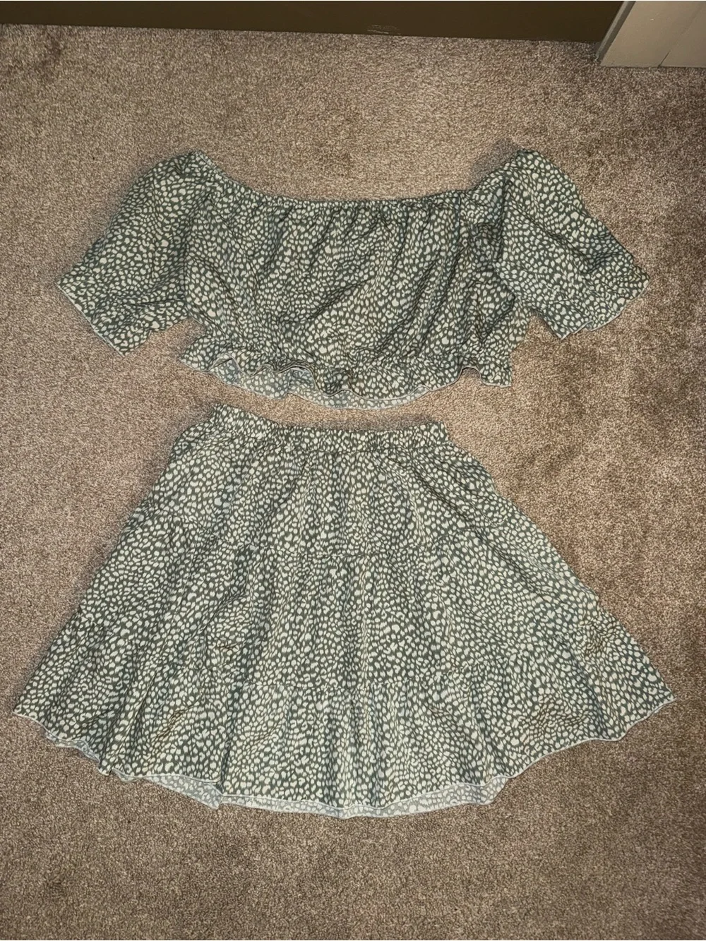 Green Printed Cropped Off-Shoulder Top & A-Line Skirt - Women's Two-Piece Set